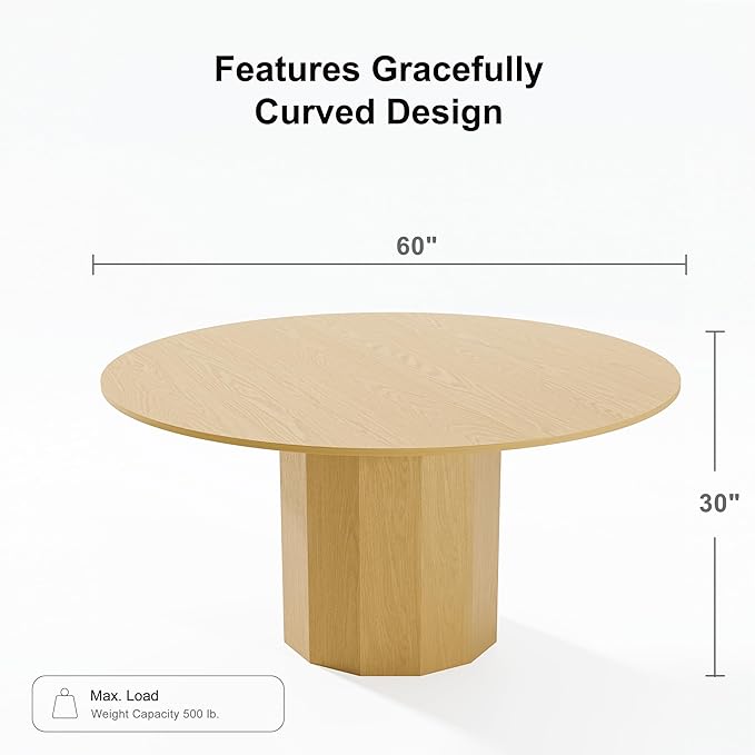 Casaphoria 60" Round Dining Table, Modern Wood Kitchen Table with Cylinder Polygonal Base for Living Room & Dining Room, Easy Assembly Farmhouse Furniture for 4-6, Oak