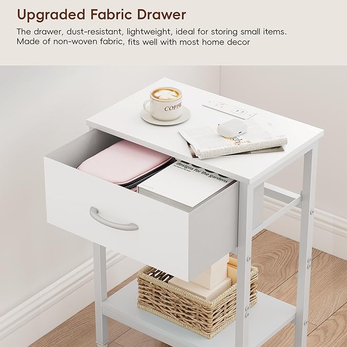 Vagusicc White Nightstand Set of 2 with Charging Station, Bed Side Table with Fabric Drawer, Small End Table with 2-Tier Storage Shelves, 25.4" Tall Bedside Table, Night Stand for Bedroom, Living Room