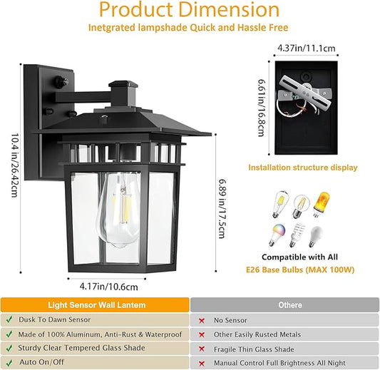Dusk to Dawn Outdoor Wall Lights, Black Porch Lights with Rust-Resistant Aluminum & Tempered Glass, Exterior Lighting Fixtures 10.4" 2-Pack for House Patio Garage Front Door