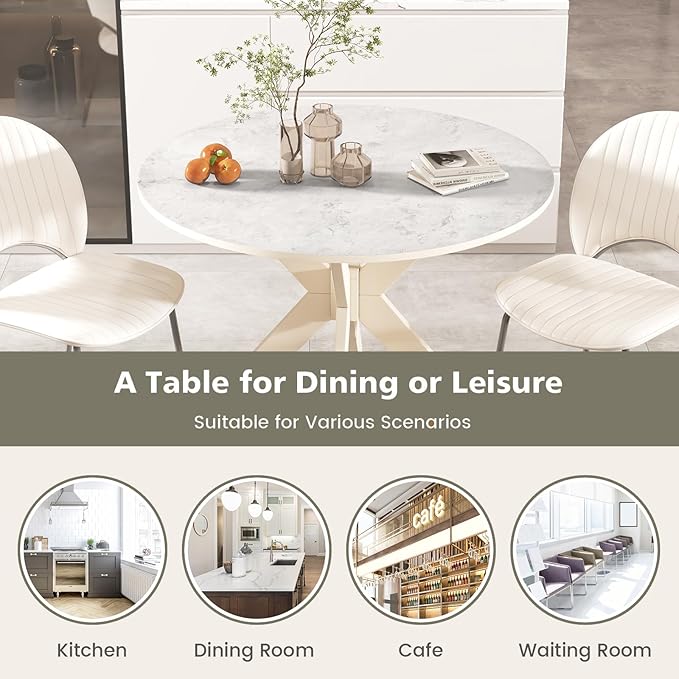COSTWAY 36" Round Dining Table, Solid Wood Kitchen Table with Intersecting Pedestal Base and Adjustable Foot Pads for Home, Office, Small Space, Cafe, Bar (White)