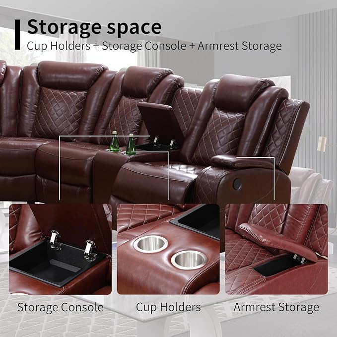 Leather Power Recliner Sectional Sofa with LED Light,L Shaped Leather Couch Set with 2 Recliner Seats，Modular Corner Sofa with Storage Console/Coffee Table for Living Room(Red, Sectional)