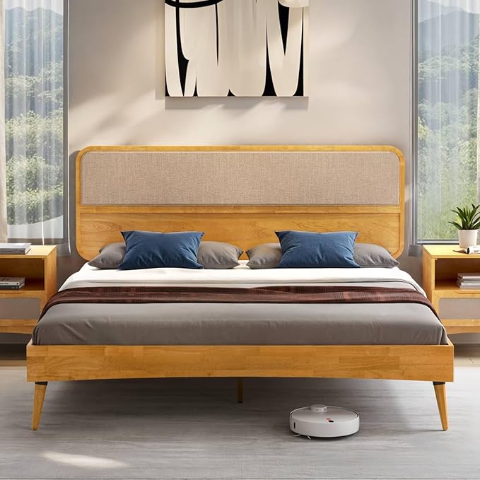 Bme Calista King Size Bed Frame – Solid Wood Platform Bed with Upholstered Headboard, Teak Brown Finish, Mid-Century Modern Style with Sturdy Slats & Tapered Legs, No Box Spring Needed