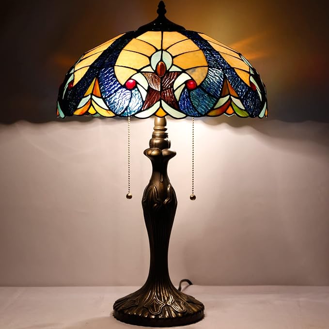 WERFACTORY Tiffany Table Lamp Yellow Liaison Stained Glass Bedside Lamp 16X16X24 Inches Desk Reading Light Metal Base Decor Bedroom Living Room Home Office S160E Series