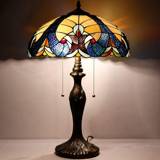 WERFACTORY Tiffany Table Lamp Yellow Liaison Stained Glass Bedside Lamp 16X16X24 Inches Desk Reading Light Metal Base Decor Bedroom Living Room Home Office S160E Series
