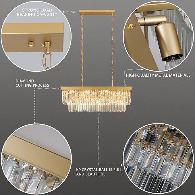 Crystal Chandeliers for Dining Room Light Fixtures Over Table，11-Lights Gold Modern Rectangle Chandeliers for Kitchen Island Bar L33.5 Inch