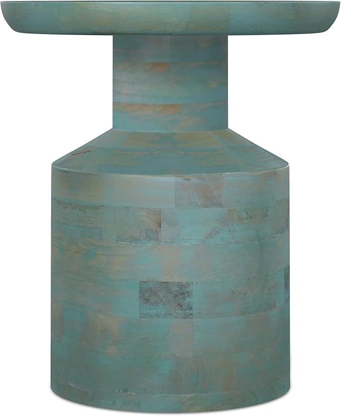SIMPLIHOME Haynes End Table - 16 inch Wide Solid Mango Wood Round Accent Table with Sculptural Pedestal Base in Teal Wash, Boho Nightstand or Lamp Stand for Living Room or Bedroom, Assembled