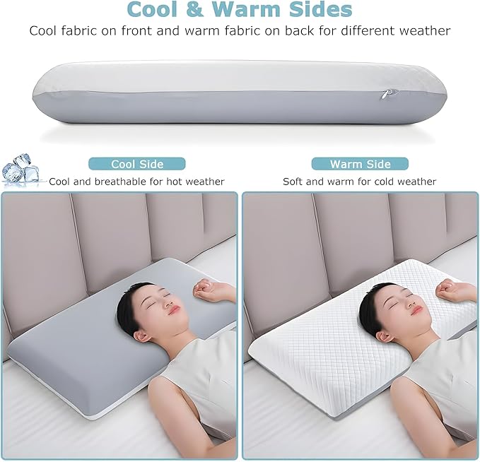 Memory Foam Pillow Queen Size, Cooling Bed Pillow for Sleeping – Medium Firm Neck & Shoulder Support, Slow-Rebound Comfort, Double-Sided All-Season Design, Washable Cover (White & Gray)