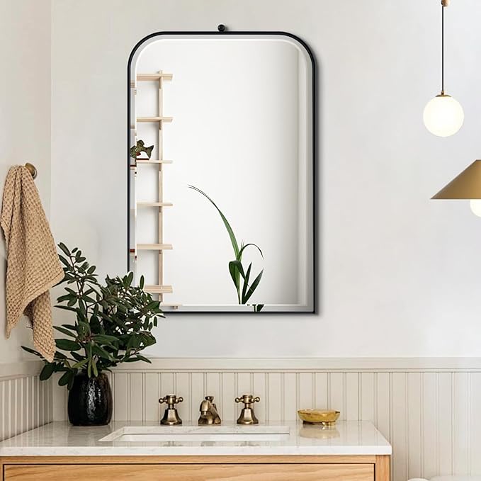 POZINO Beveled Oblong Mirror, 20"x30" Rectangle Rounded Mirror for Over Sink, Modern Black Bathroom Mirrors with Stainless Steel Frame, Vanity Wall Mirrors for Bedroom Living Room Entryway Fireplace