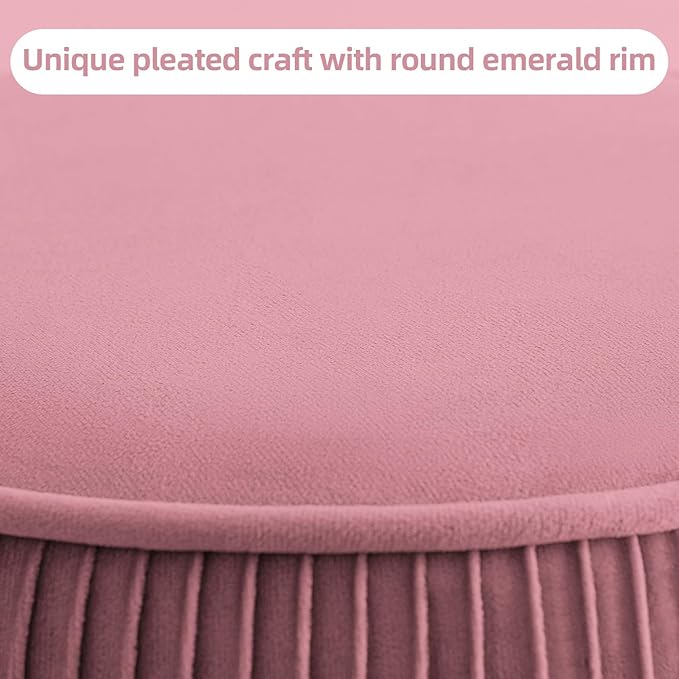 GERANT Multi-Functional Velvet Round Ottoman Footrest with Metal Legs - Modern Offices & Makeup Room Stool, Light Pink