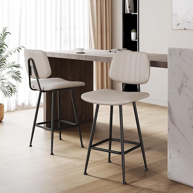 24-Inch Leather Bar Stools Set of 3, Counter Height Barstools with High Backrest，Bar Chairs for Kitchen Island with Heavy Duty Metal Base, Beige