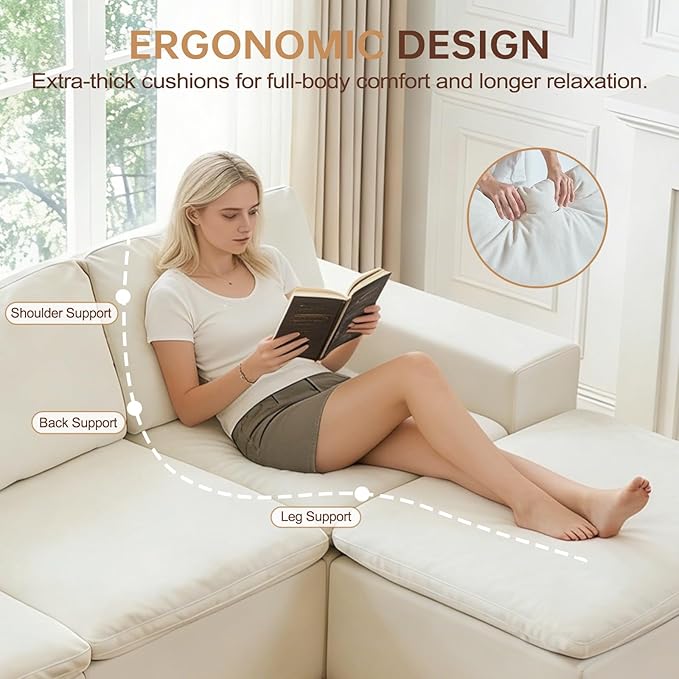 HonTop 110" L Shaped Modern Sofa Boneless Modular Sectional Cloud Couch with Ottoman, 4-Seat Chenille Deep Seat Sofa for Living Room, Bedroom and Apartment, No Assembly, Beige | No Assembly Required, 30" Deep Seat, Family Pet-Friendly, Flexible Modular...