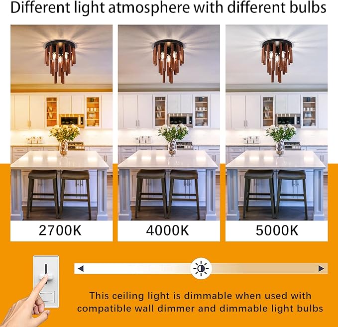 Farmhouse Flush Mount Ceiling Light Fixture, Rustic 3-Light Wood Strip Close to Ceiling Lights,Retro Vintage Red Oak and Black Kitchen Ceiling Lighting for Hallway Bedroom Entryway Living Dining Room