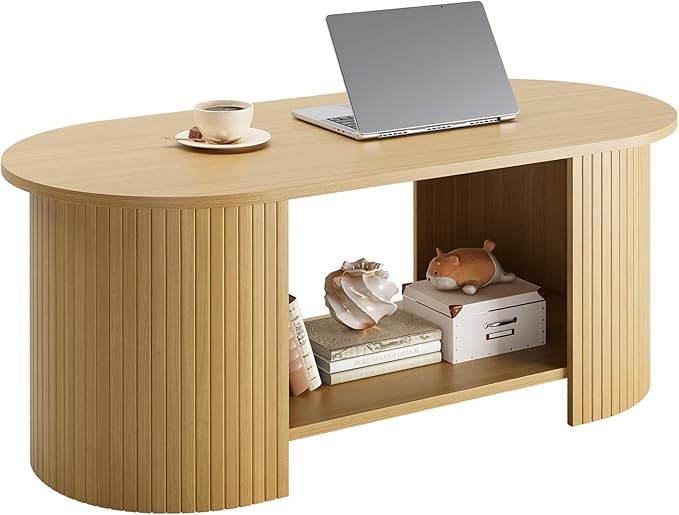 Oval Fluted Coffee Table, 2-Tier Center Table with Large Storage, Mid-Century Modern Wood Coffees Table for Living Room, Home Office, Small Space, Oak