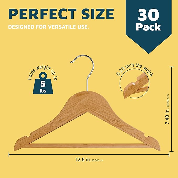 Natural Color Wooden Kids Hangers 30 Pack, Toddler & Baby Wooden Hangers, 11.8" Solid Maple Wood with 360° Swivel Hook, Pants Bar & Notches, Up to 7.7lb Capacity, Space-Saving Design for Ages 0–8