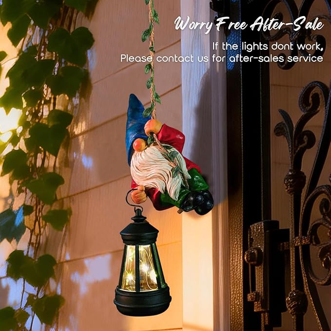Solar Hanging Gnome Garden Statues Climbing Rope Gnome with LED Lantern Spring Outdoor Decor Tree Hugger Yard Porch Wall Fence Decoration Easter Christmas Birthday Gifts for Mom Women