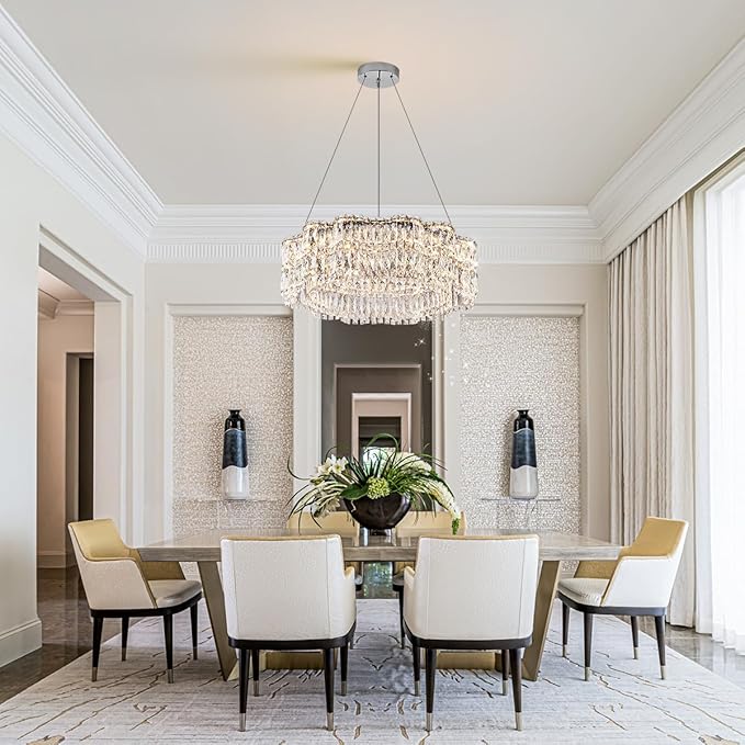Modern Crystal LED Chandelier 32’’ with Remote Control Dimmable 3000-6500K Contemporary Chrome Luxury Chandeliers Light Fixture for Living Dining Room Bedroom Kitchen Island Foyer Entryway