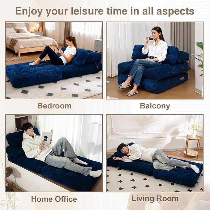 Folding Sofa Bed, Folding Chair Bed with Pillow, Convertible Lazy Sofa Bed with High-Density Support Foam, Fold Out Chair for Small Spaces Living Room Bedroom, Navy Blue