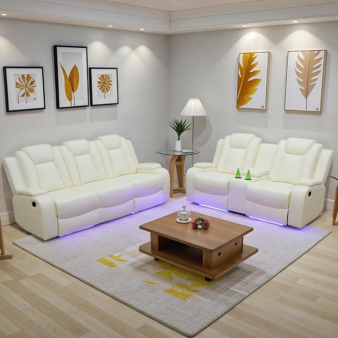 Power Recliner Sofa Set, Leather Reclining Sofa Sets with LED Lights, Living Room Furniture Set, Loveseat with Console Storage, Recliner Couch with USB Port (Sofa and Loveseat, White)