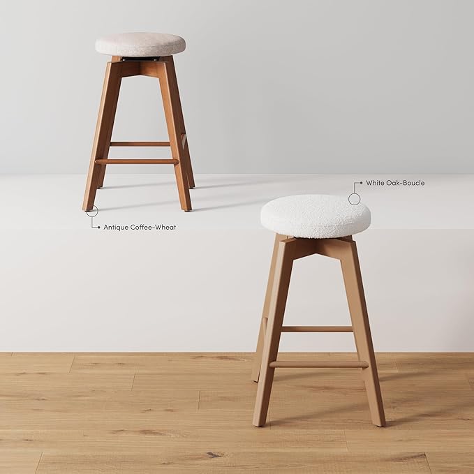 Nathan James Amalia Bohemian Swivel Bar Stool, Backless Counter Height Boucle Counter Stool with Solid Wood Legs and Upholstered Seat, White Oak