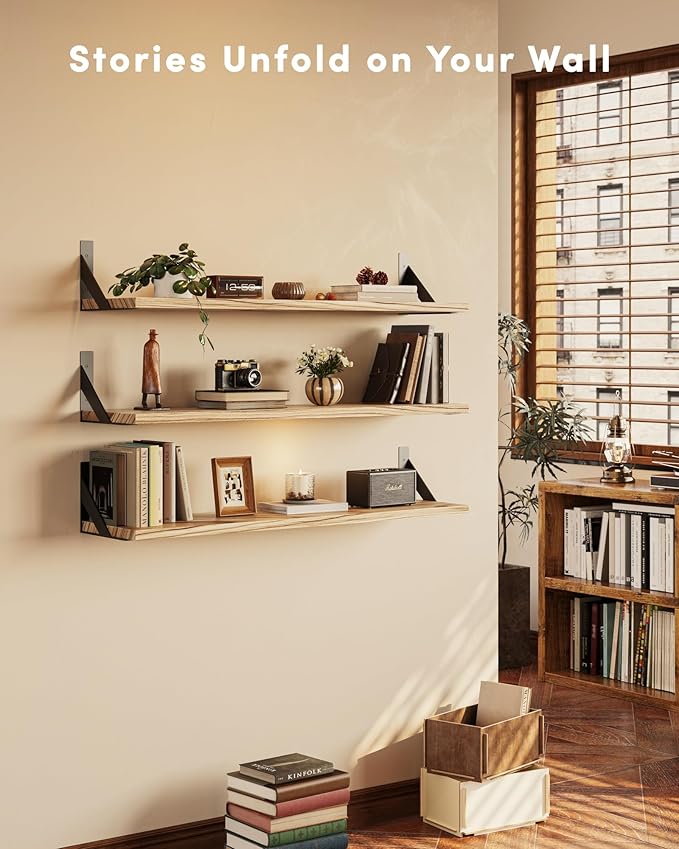 Floating Shelves for Wall, Wall Mount Book Shelf, Hanging Shelves, Wall Bookshelf for Bedroom, Office, Living Room (Light Brown, 24 Inches)