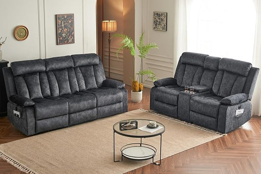 Electric Power Reclining Sofa Set - 3-Seater with Flip-Top Console & Massage Heat, Faux Leather Dual Recliner with USB Ports & Storage, Perfect for Living Room Comfort & Convenience (Gray)