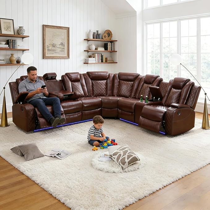 Power Reclining Sectional Sofa with LED, Leather Recliner Couch for Living Room/Home Theater, Sectional Reclining Couches with Wireless Charging/Hide-Away Storage