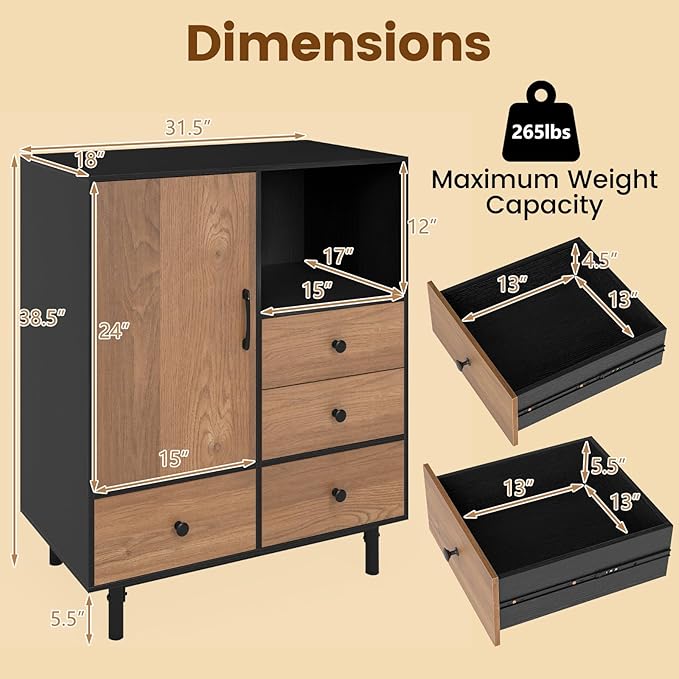 Giantex Storage Cabinet with 4 Drawers, Door and Open Compartment, 18" x 31.5" x 38.5" Inches, Metal Support Legs, Freestanding Side Cabinet, Buffet Sideboard for Living Room, Dining Room, Entryway