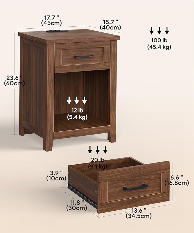 Farmhouse Nightstand with Charging Station & Large Storage, Modern End Tables with Outlets, USB Ports and Type-C Ports, Easy Assembly for Bedroom (Walnut)