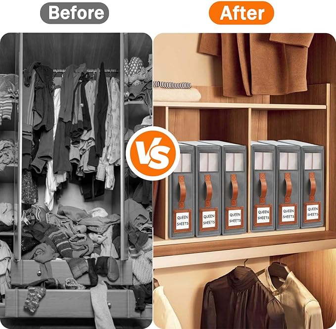GhvyenntteS 6 Pack Bed Sheet Organizers and Storage, Sturdy Bed Sheet Organizer with Zipper and Handle, Foldable Linen Closet Organizers and Storage with Window and Label, Grey