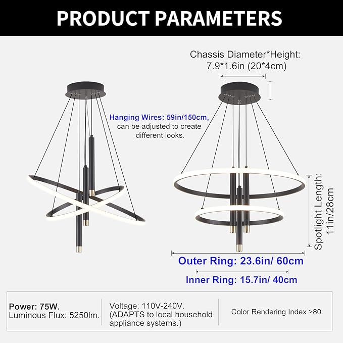 LED Black Modern Chandeliers for Dining Room Bedrooms Living Room, Dimmable 24in 5250lm Kitchen Pendant Lamp Dining Room Light Fixtures Ceiling Hanging Over Table, 2 Ring Round Chandeliers
