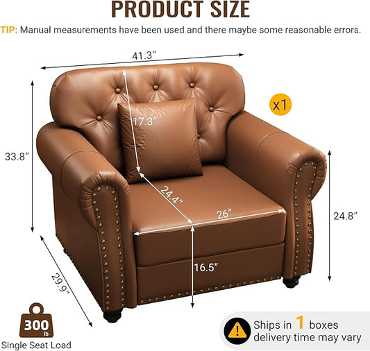 KEIKI 41" Faux Leather Chesterfield Sofa with Rolled Arms & Nailhead Trim, Modern Style 1-Seater Button Tufted Couch with High Resilience Cushion & 1 Pillow, Easy Assembly, for Living Room, Brown