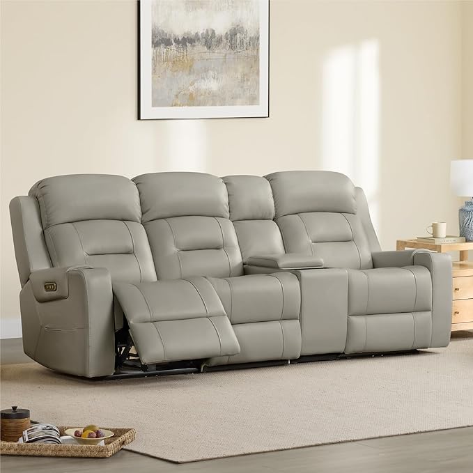 Watson & Whitely Genuine Leather Power Recliner Sofa, Lay Flat Reclining Sofa with Storage Console, Power Headrest & Cup Holders, 3 Seater Electric Reclining Couch for Living Room, Grey