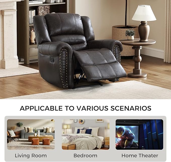 EBELLO Faux Leather Manual Recliner Chair, Classic Single Reclining Chair with Comfortable Armrest and Backrest, Vintage Rivet Mid-Century Design for Living Room, Bedroom, Dark Brown