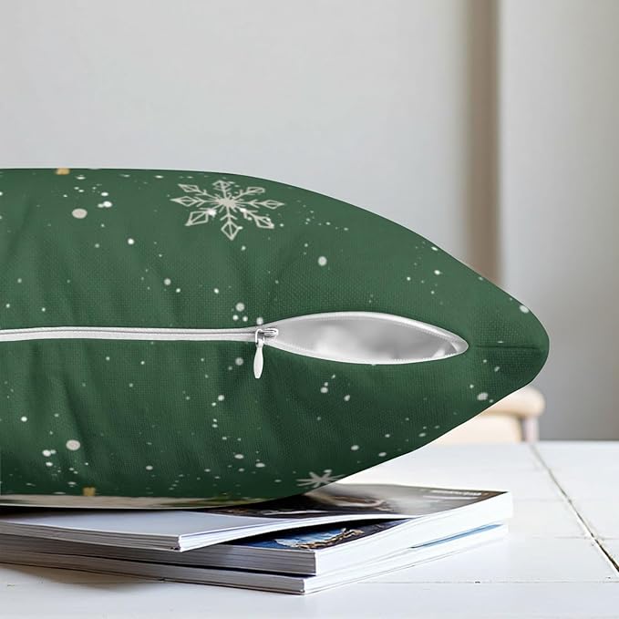 Green Christmas Outdoor Pillow Covers 20x20 Set of 2 White Gold Xmas Tree Snowflakes Pillow Case Rustic Farmhouse Winter Holiday Decorative Pillowcases for Home Sofa Couch