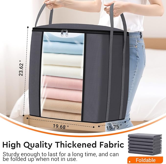 120L Extra Large Clothes Storage Bags, Foldable Blanket Storage and Organization, Thick Fabric Containers with Reinforced Handles & Zippers for Clothing, Comforters, Bedding, Gray, 2 Pack