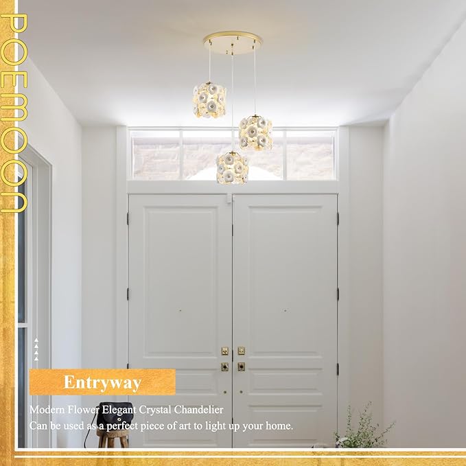 3-Lights Flower Glass Chandelier Modern Gold Cluster Pendant Light Fixture Adjustable Elegant Pendant Lighting for Dinning Room Bedroom Kitchen Island Hallway Entryway