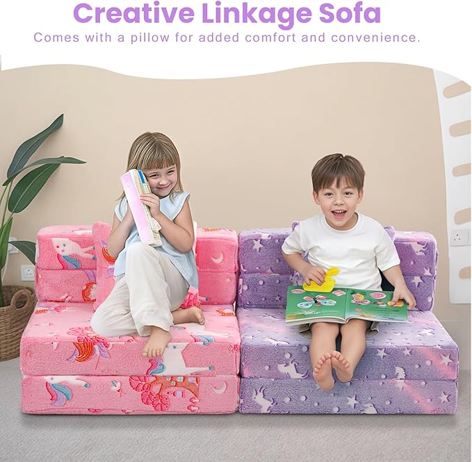 MeMoreCool Foldable Futon Chair Bed for Kids, Glow Tri-Fold Sofa Bed Convertible Toddler Sofa Mattress, Foam Floor Couch for Sitting, Purple