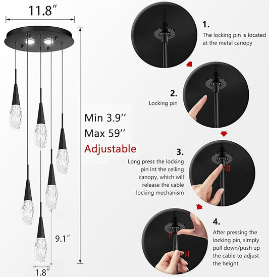 6-Lights Adjustable Pendant Lights for Kitchen Island LED Dimmable Light Fixture Modern Glam Crystal Hanging Lighting for Dining Room Bedroom Black