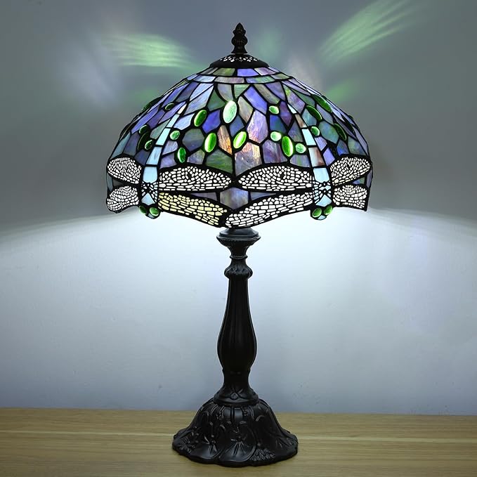 Tiffany Table Lamp Blue Dragonfly Stained Glass Table Lamps for Bedroom 12X12X19Inch 3 Way Color Temperatures Bedside Nightstand Home Office Desk Lamp Reading Lights with E26 LED Bulb