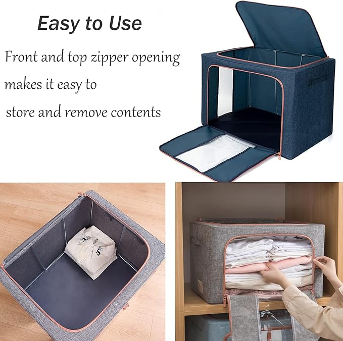 Clothes Storage Bags - Stackable Organizer with Foldable Shape Keeping Metal Frame, Zipper, Handles, Clear Window, Storage Container Box for Blanket, Sweater, Pillow Seasonal Clothing (66L x 2 Pack,