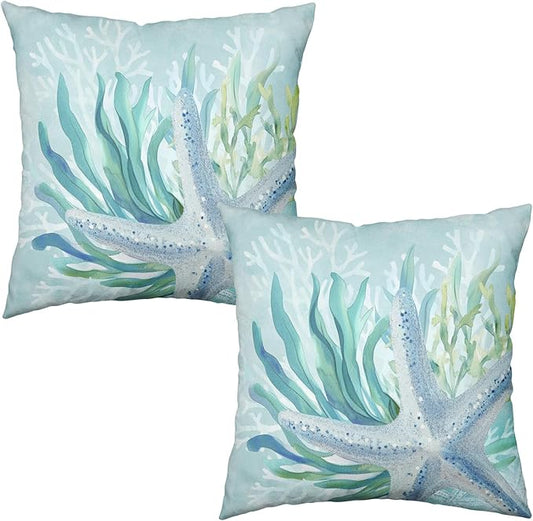 Coastal Outdoor Throw Pillow Covers 22x22 Inch Beachy Starfish Coral Seagrass Decorative Pillow Cover Set of 2 Sea Life Nautical Cushion Case for Sofa Chair Patio Bed Couch