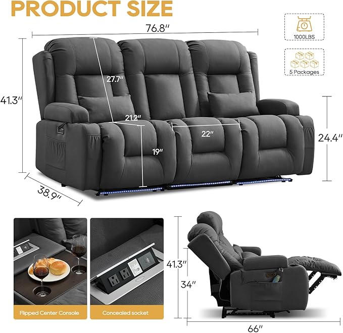 IPKIG Power Recliner Sofa with Flip-Up Backrest Console, USB & USB-C Ports, AC Outlet, LED Lights, Wall Hugger Recliners for Living Room, RV (Grey, 76.8" - 3 Seat) | Leathaire Fabric, Zero Gravity, Dual Reclining, 2 Lumabr Pillow
