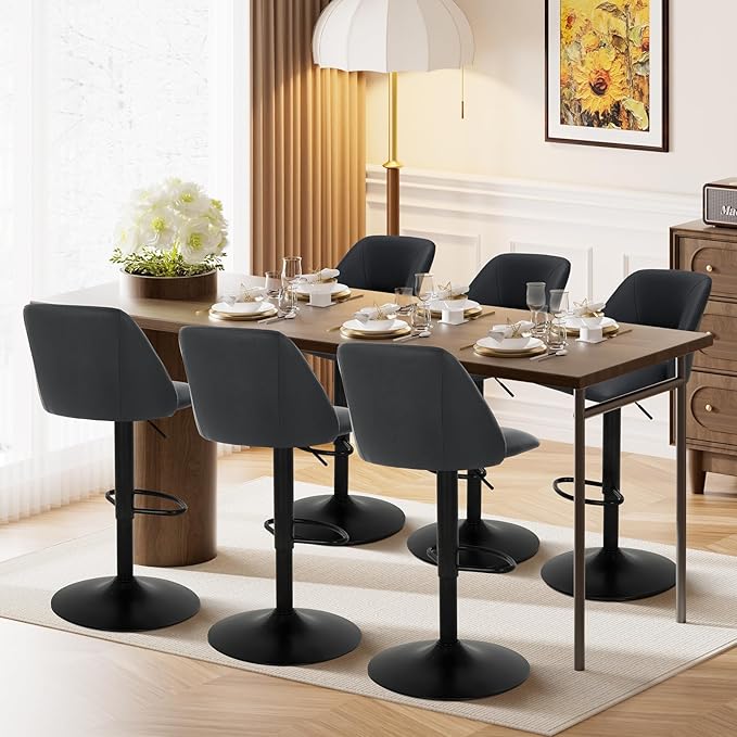 COLAMY Adjustable Bar Stools, Modern PU Leather Bar Chairs with Curved Mid-Back, 360° Swivel Counter Height Stools with Footrest & Sturdy Base for Kitchen Island, Dining Room, Home Bar,Set of 3
