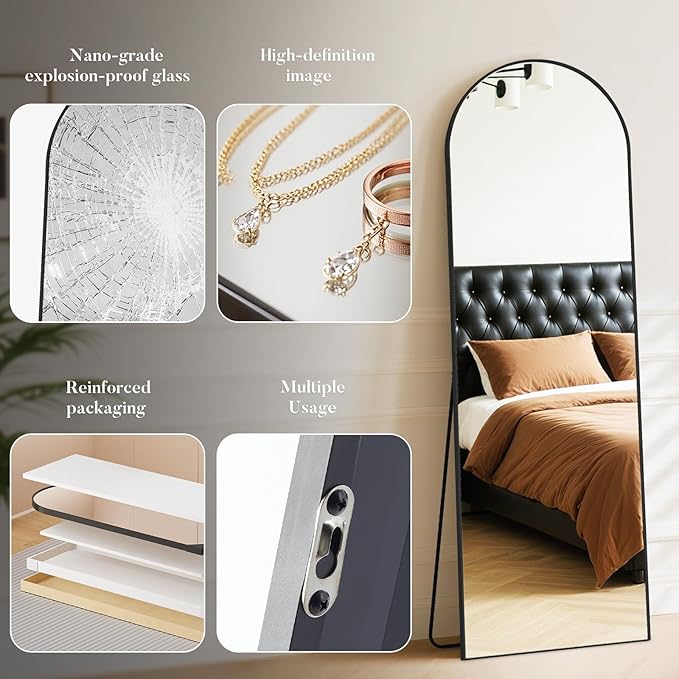 OLIXIS Arched Full Length Black Mirror 59.1"x16" for Bedroom, Full Body Mirror with Stand, Hanging or Leaning for Wall, Aluminum Alloy Thin Frame Floor Standing for Living Room