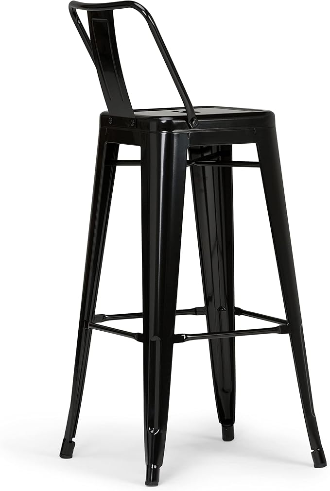 SIMPLIHOME Rayne Bar Stools (Set of 2) - 30 inch Seat Height Industrial Metal Chairs in Black, Urban-Style Seating for Kitchen or Bar with Curved Back, Under-Seat Cross Brace, and Footrest