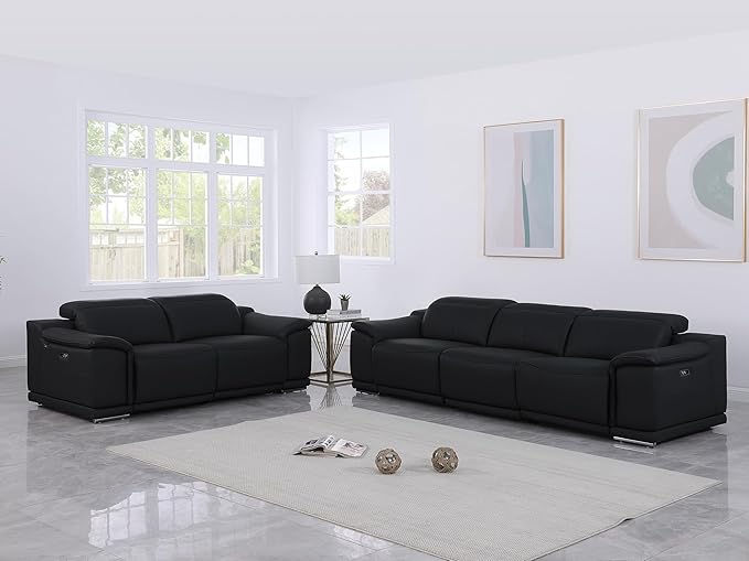BlackJack Furniture Venice Top Grain Italian Leather Recliner 5 Seater 4 Power Reclining Seater 2 Piece Sofa Set with Adjustable Headrests Modern Seating Sofa and Loveseat for Living Room , Black