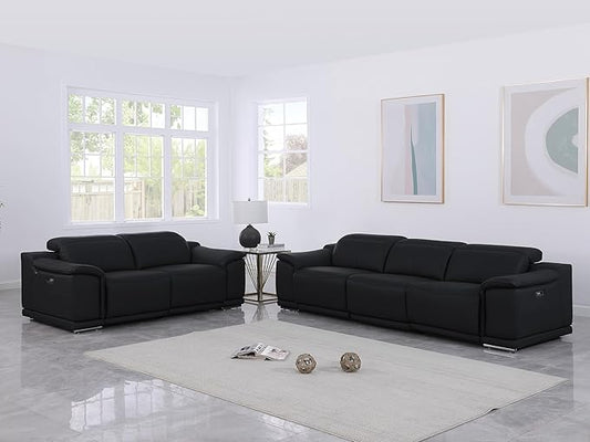 BlackJack Furniture Venice Top Grain Italian Leather Recliner 5 Seater 4 Power Reclining Seater 2 Piece Sofa Set with Adjustable Headrests Modern Seating Sofa and Loveseat for Living Room , Black