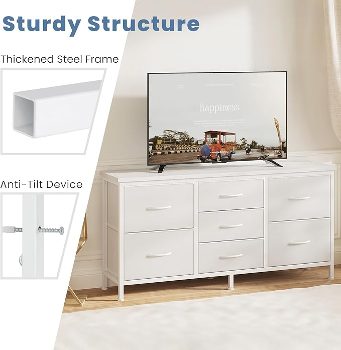 DUMOS TV Stand 7 Drawer Dresser for Bedroom with Storage TV Stands for Living Room White, Farmhouse Entertainment Center Media Console Table with Metal Frame Adjustable Feet