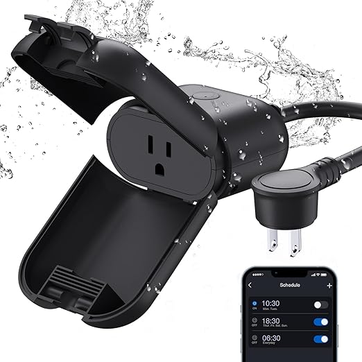 ELEGRP PQR10 Outdoor Smart Plug Waterproof IP66, WiFi Plug Compatible with Alexa & Google Assistant, Smart Outdoor Outlet for String Lights, No Hub Required, 1875 Max, UL Certified, 1 Pack, Black
