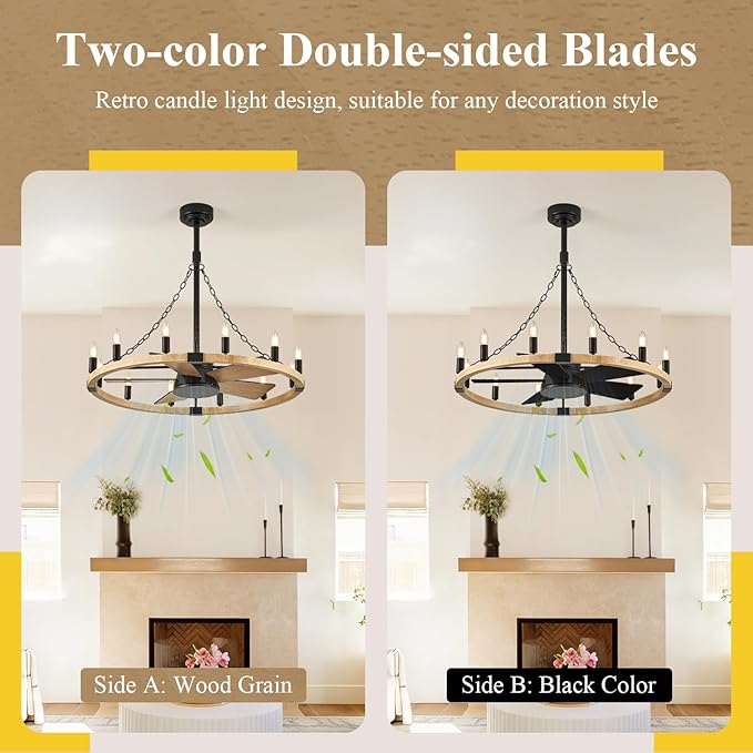 Natural Farmhouse Wood Wagon Wheel Chandelier Fans with 12 Lights and Remote, Rustic Wooden Ceiling Fan Light 36in Fandelier for Bedroom Dining Room Kitchen Living Room